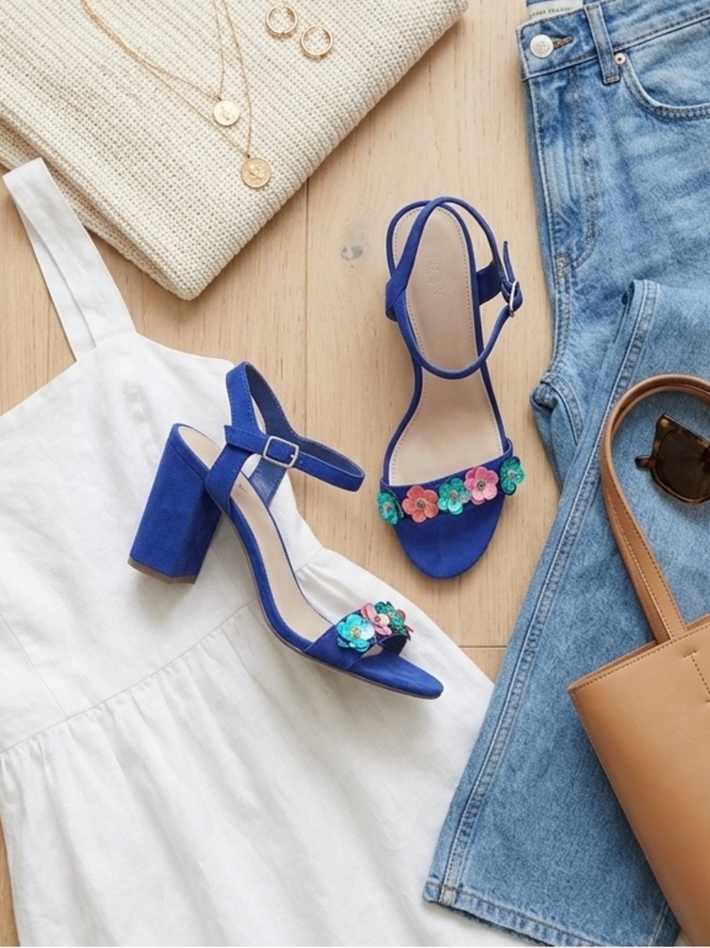 Abound Blue Floral Sandals with Ankle Straps and Block Heel